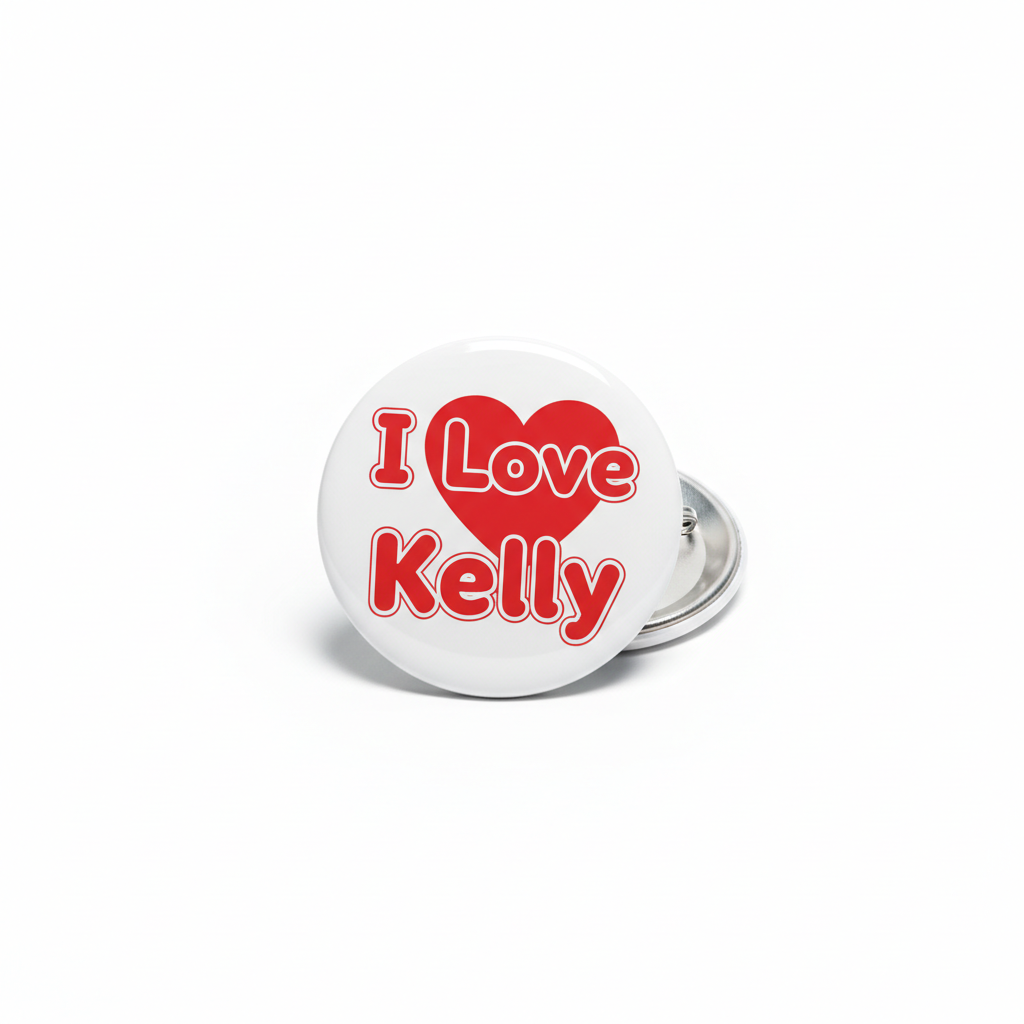 2.25-inch pinback button with red heart and “I Love Kelly” text