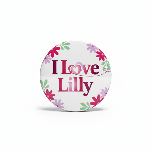 Round white sticker with floral designs and 'I Love Lilly' text on a white background