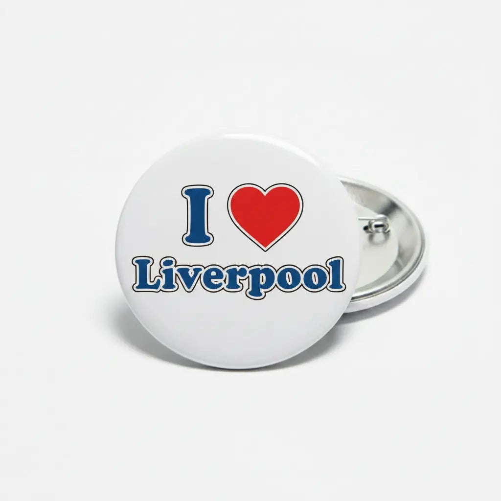 Button badge with 'I ❤️ Liverpool' text on a white background