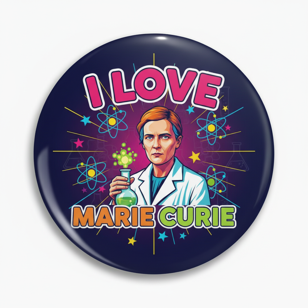 A round pinback button badge featuring a colorful cartoon illustration of Marie Curie with the text 'I LOVE MARIE CURIE' on a dark navy background.