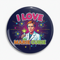 A round pinback button badge featuring a colorful cartoon illustration of Marie Curie with the text 'I LOVE MARIE CURIE' on a dark navy background.