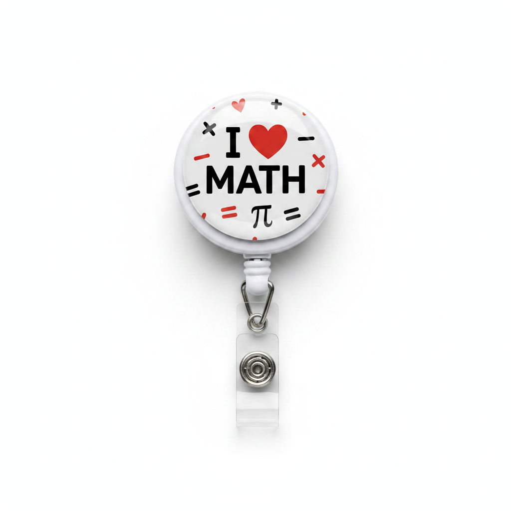 Retractable badge reel with round 'I ♥ MATH' badge and metal clip