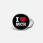 2.25-inch pinback button with black face, “I ♥ MCR” text and red heart