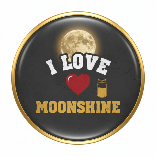2.25-inch whiskey pinback button, 'I Love Moonshine' with heart, moon, and jar icon