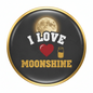 2.25-inch whiskey pinback button, 'I Love Moonshine' with heart, moon, and jar icon