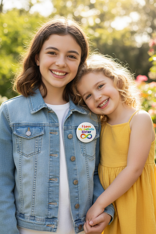 Two smiling girls standing outdoors in a sunny garden. The older girl wears a light blue denim jacket over a white top and has a round rainbow-colored 'I Love Sister' pin on the chest.