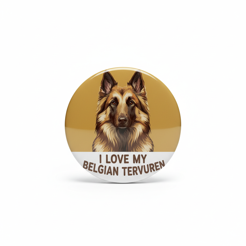 2.25-inch Belgian Tervuren pinback button with dog portrait and love text