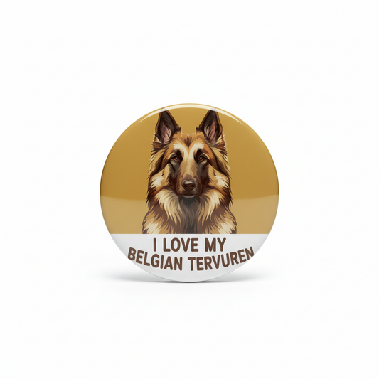 2.25-inch Belgian Tervuren pinback button with dog portrait and love text