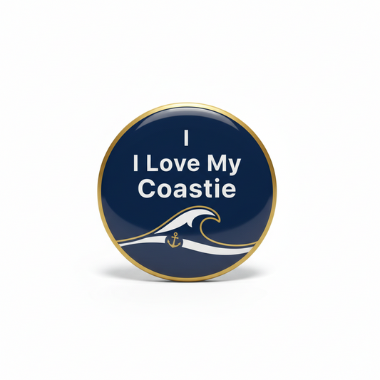Round navy I Love My Coastie pinback button with gold rim and anchor wave graphic