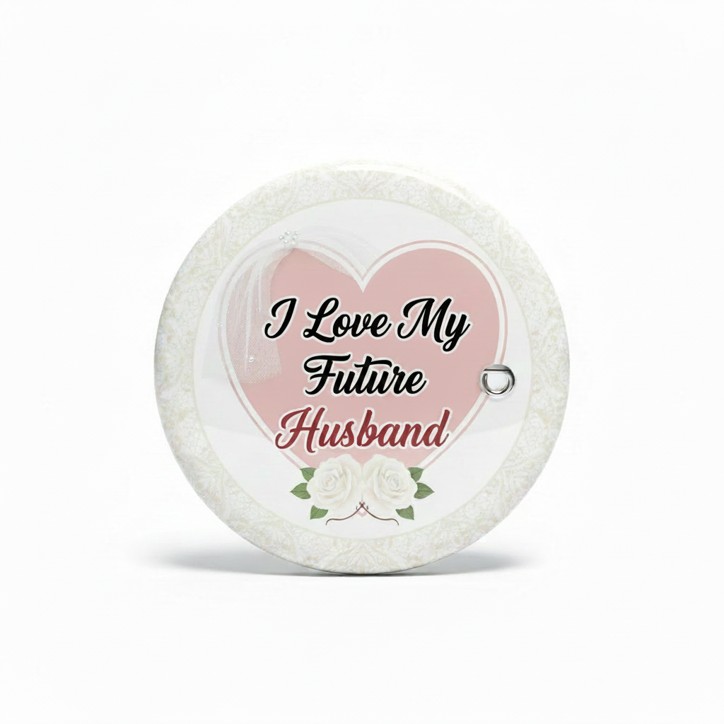 Round white object with pink heart and text 'I Love My Future Husband' on a white background