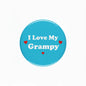 Blue pinback button: white "I Love My Grampy" text with red hearts