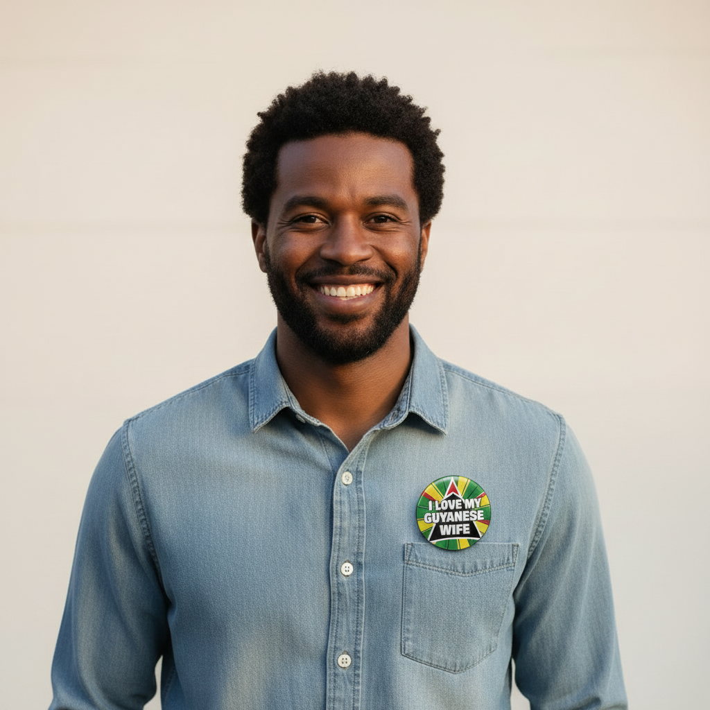 Man wearing a blue denim shirt with a colorful patch on a plain background