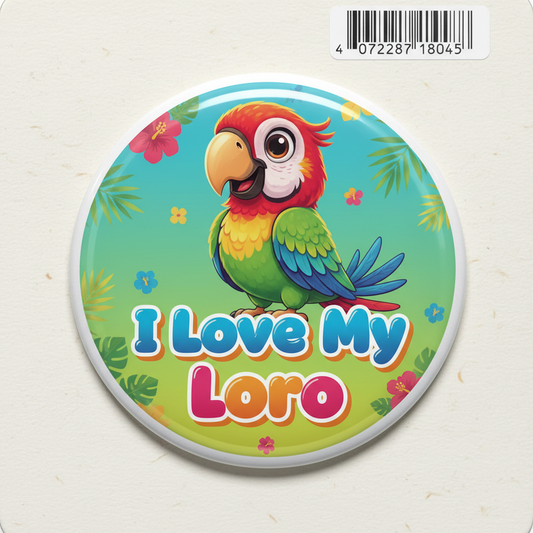 2.25-inch pinback button with colorful parrot and text I Love my Loro