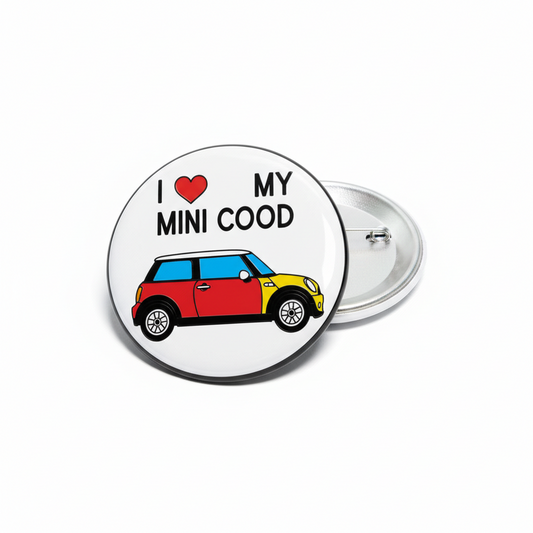 Round pinback button with red heart, text, and colorful Mini Cooper car graphic