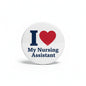 Nursing assistant pinback button: white circle, red heart, blue 'I' and 'My Nursing Assistant'