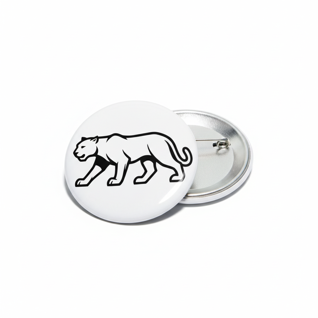 White round panther pinback button with silver backing and clasp