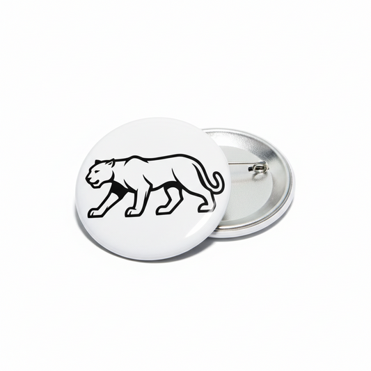 White round panther pinback button with silver backing and clasp
