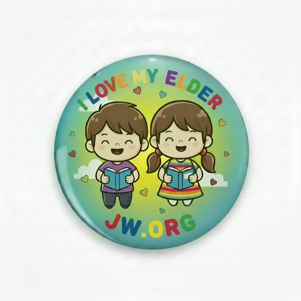 Button badge with cartoon character holding a book and 'I Love My Elder' text on a colorful background