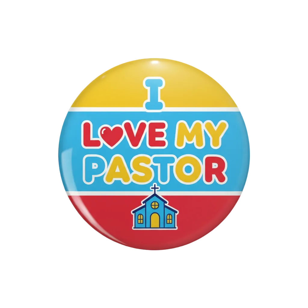Kids pinback button with 'LOVE MY PASTOR' and church icon, round red blue yellow design