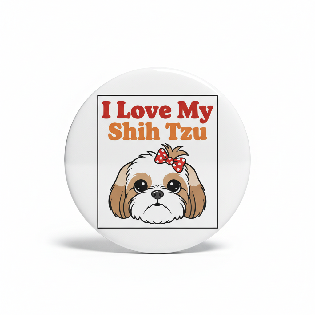 A round white button badge featuring a cartoon Shih Tzu dog with a red polka-dot bow and the text 'I Love My Shih Tzu' in red and orange lettering, shown on a clean white background.