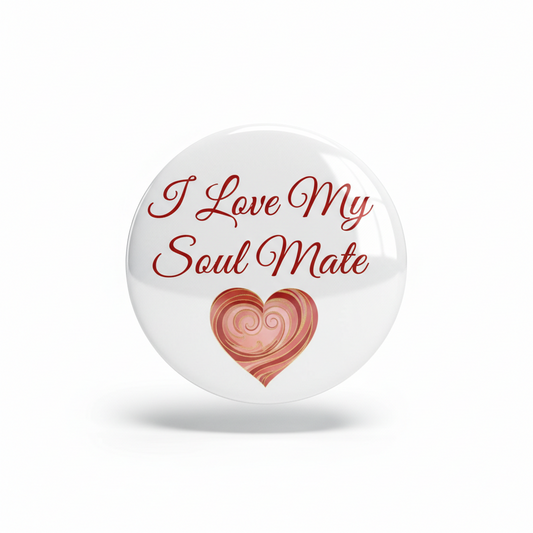 White round I Love My Soul Mate pinback button with red script text and heart graphic