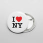 White I Love NY pinback button with red heart and NY lettering
