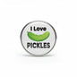 Round pinback button with white face, green pickle graphic, and “I Love Pickles” text