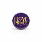 2.25-inch round purple Prince pinback button with gold “I LOVE PRINCE” text