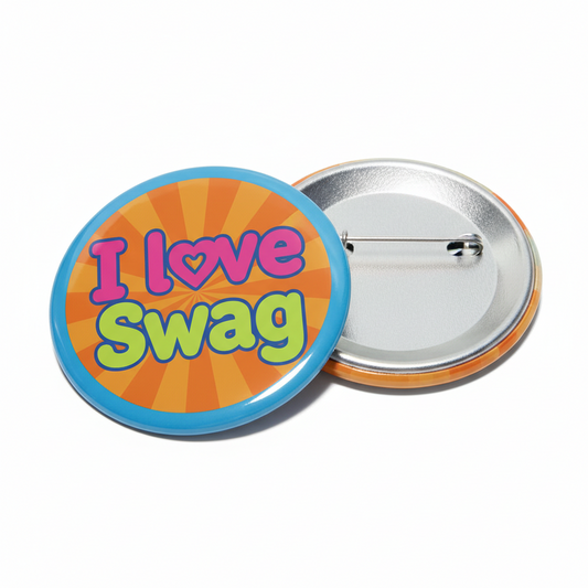 2.25-inch pinback button with colorful I love Swag heart logo
