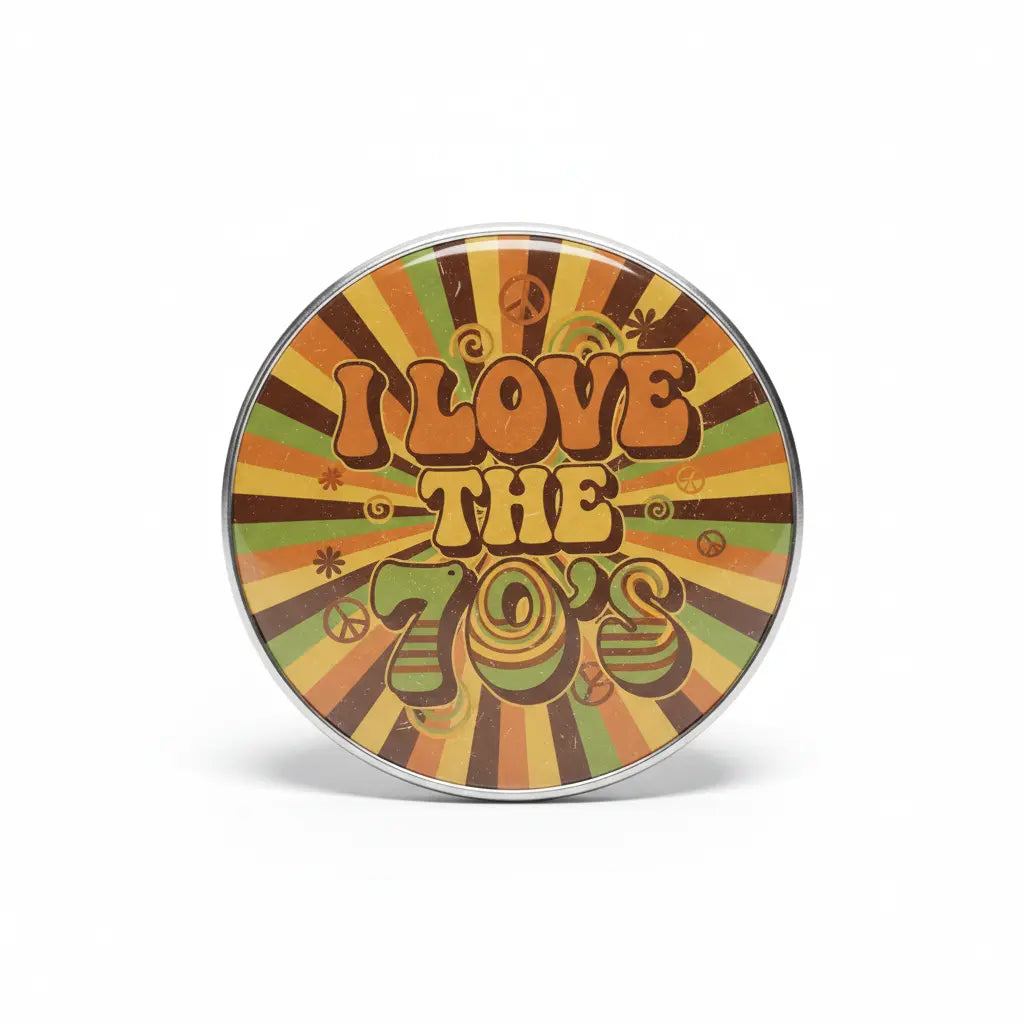 2.25-inch pinback button with colorful 'LOVE THE 70's' graphic and rays