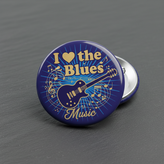 Blue round pinback button with gold "I ♥ the Blues Music" and guitar graphic