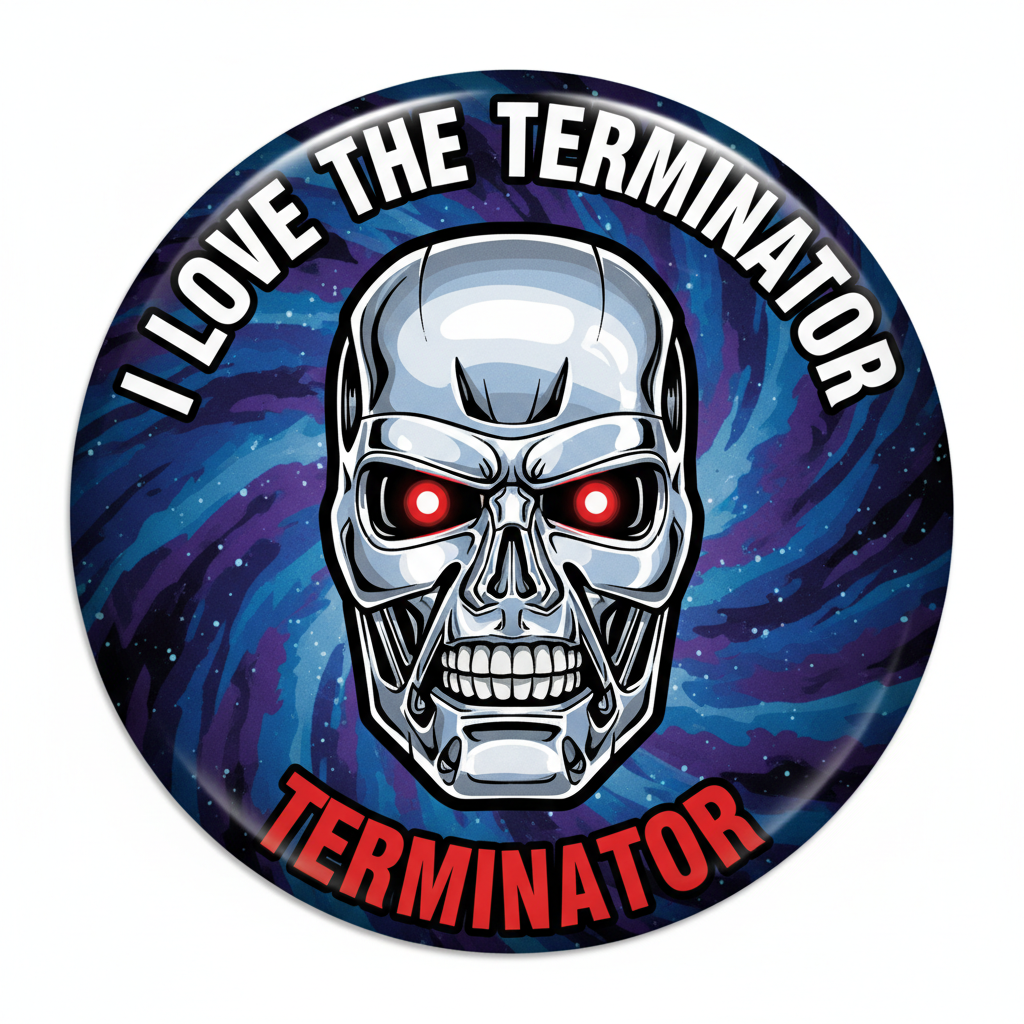 Round 1.25-inch pinback button with robot skull, red eyes, and 'I Love the Terminator' text