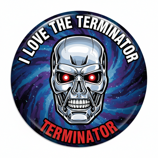 Circular badge with Terminator graphic and 'I Love The Terminator' text on a blue and purple gradient background.