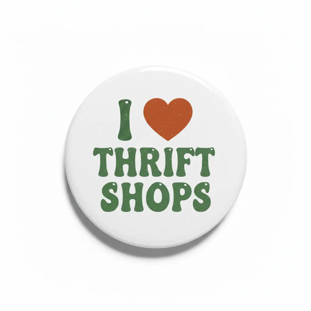 Round white pinback button with green “THRIFT SHOPS” text and a heart