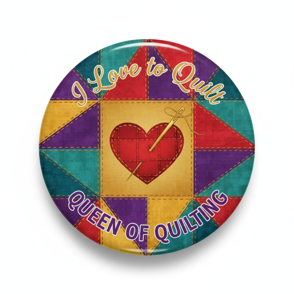 Quilt-themed pinback button with heart patchwork and text 'Love to Quilt' and 'Queen of Quilting'