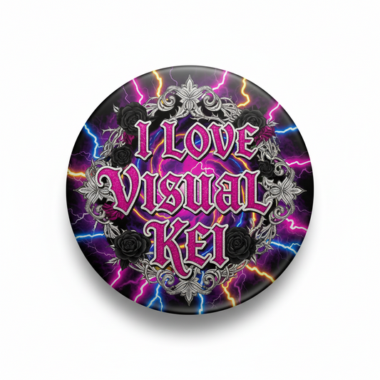 2.25 in visual kei pinback button with 'I Love Visual Kei' text logo