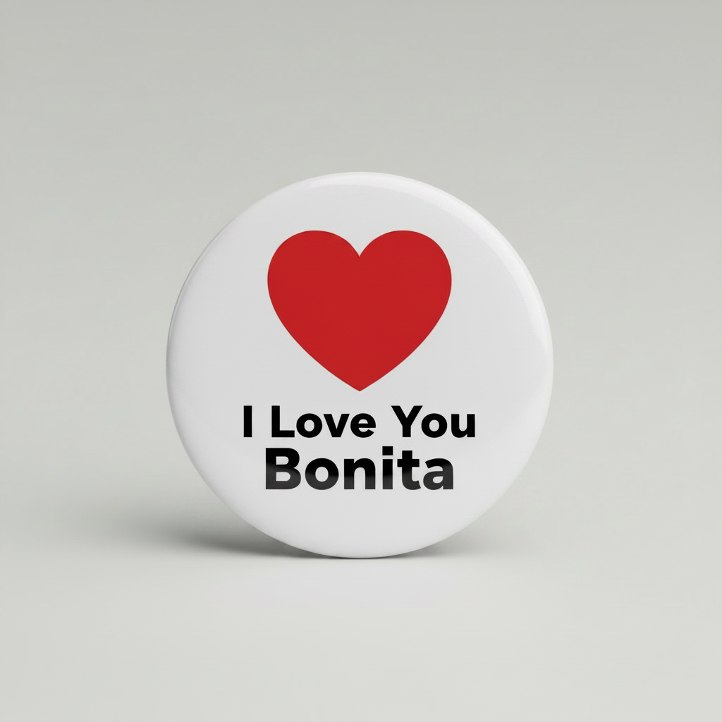 A round pin-back button badge with a silver metal rim, featuring a red heart icon above the black text 'I Love You Bonita' on a white background, set against a neutral gray studio backdrop.