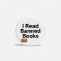 I Read Banned Books pinback button, white with black text and book stack icon