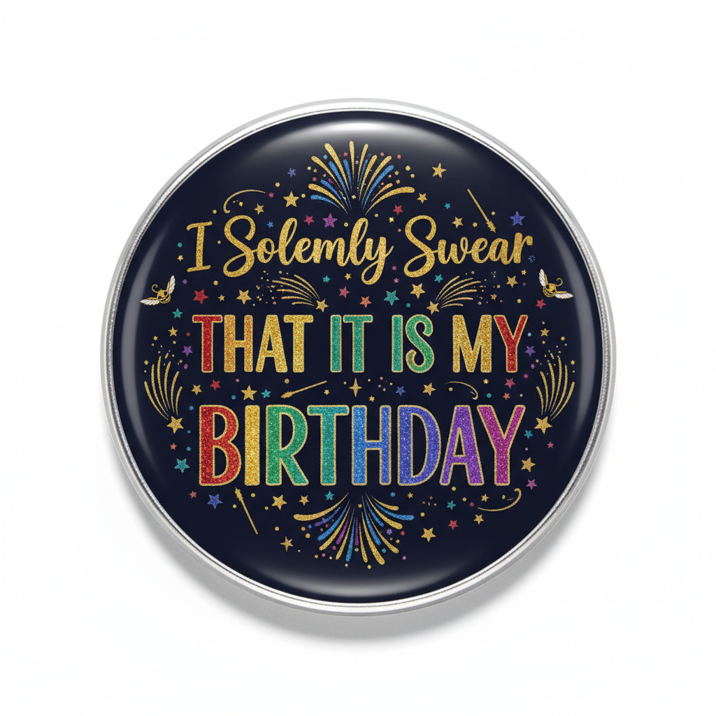 Round pinback badge with “I Solemnly Swear That It Is My Birthday” fireworks
