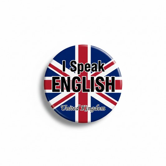 Round UK flag pinback button with text 'I Speak ENGLISH' and 'United Kingdom'.