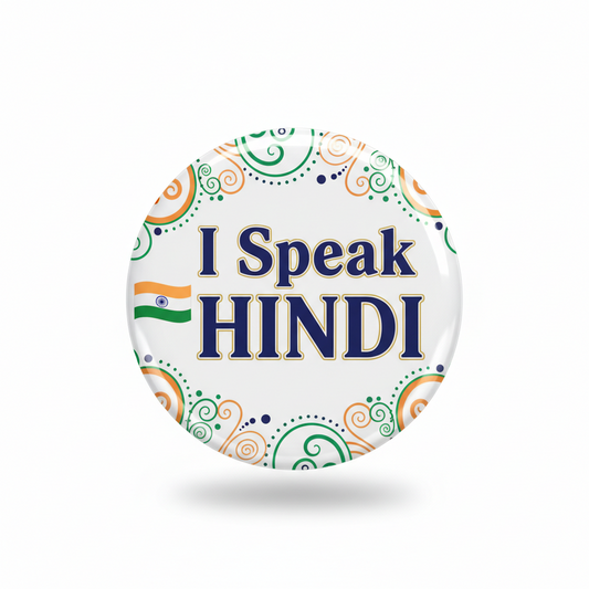 Round pinback button: blue 'I Speak HINDI' text with orange/green swirls