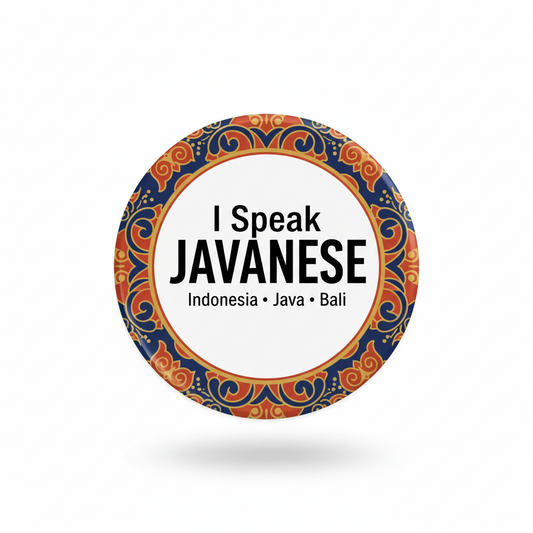 Round pinback button with “I Speak JAVANESE” text and patterned border