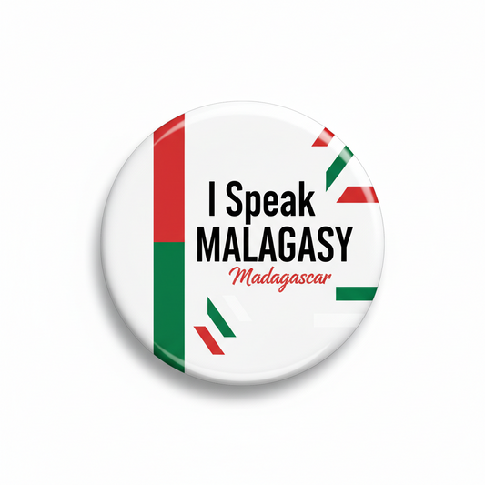 Pinback button with Madagascar flag and text "I Speak MALAGASY"