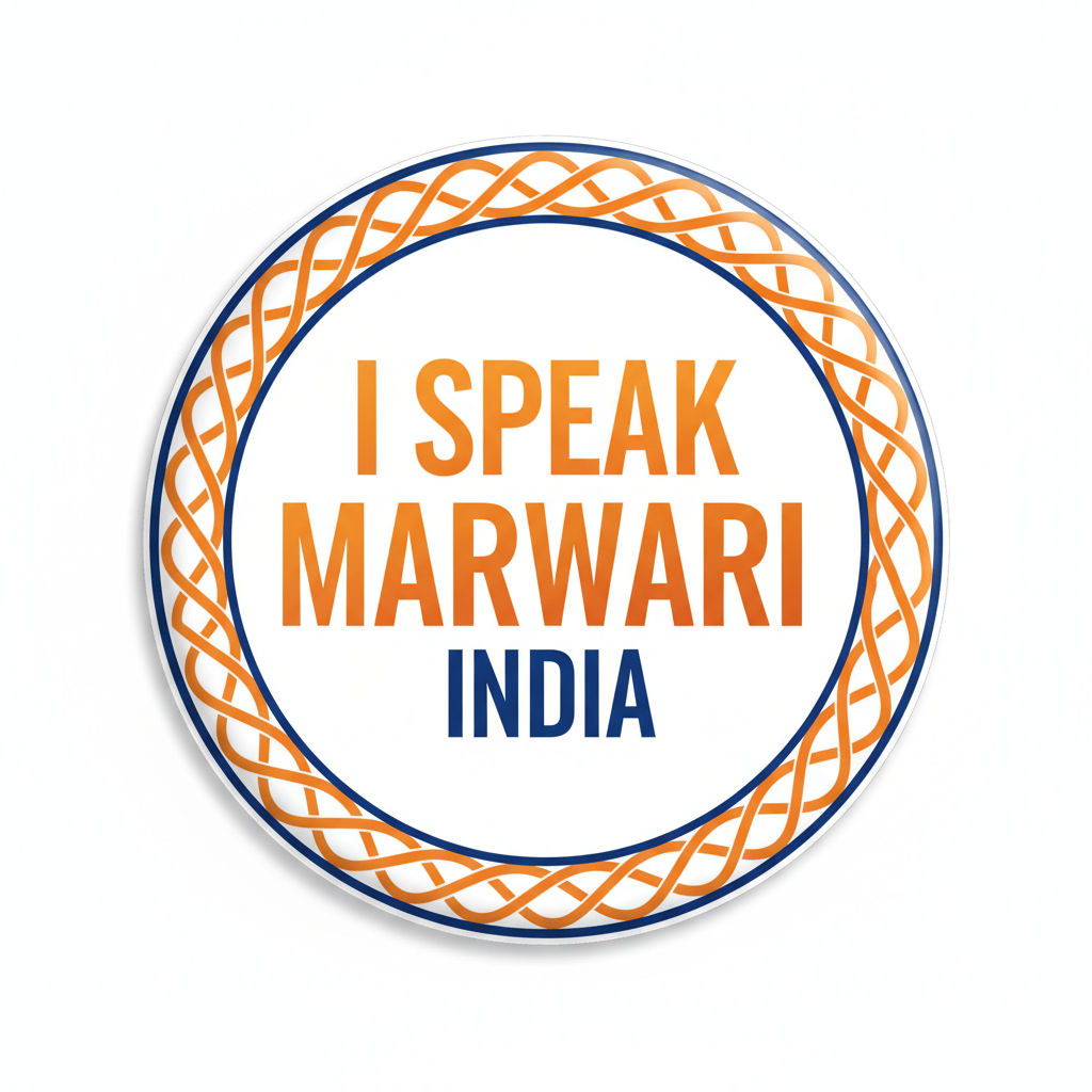 A circular graphic with the text 'I SPEAK MARWARI INDIA' in orange and blue lettering on a white background, surrounded by an orange and blue decorative border.