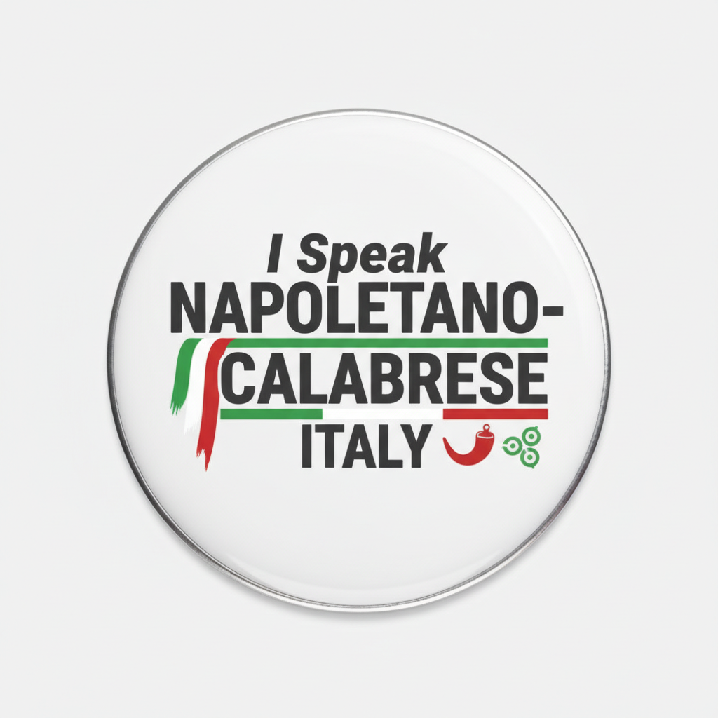 A round white button badge with a silver rim featuring the text 'I Speak NAPOLETANO- CALABRESE ITALY' in black, decorated with green and red stripes and small culinary icons, on a light gray background.