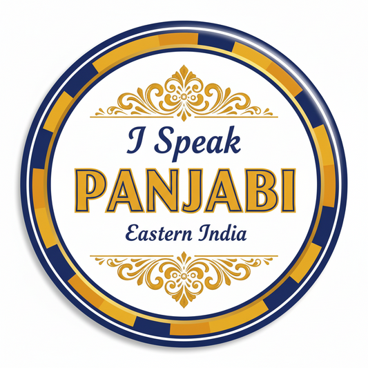 Circular pinback button with "I Speak PANJABI" and "Eastern India" text