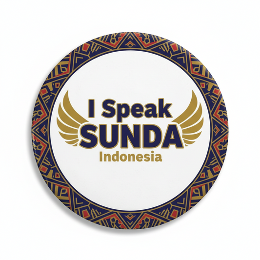 Round pinback button with text 'I Speak SUNDA Indonesia' and gold wing graphic