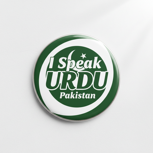 Round green and white text magnet badge: 'I Speak URDU' 'Pakistan'