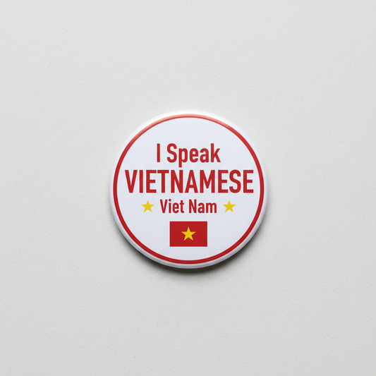 Vietnamese pinback button with red text "I Speak VIETNAMESE" and Viet Nam flag star