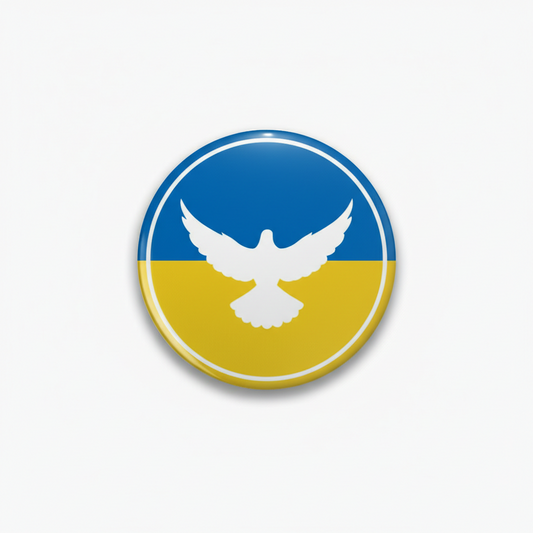 Ukrainian flag dove pinback button, round blue-yellow badge with white dove
